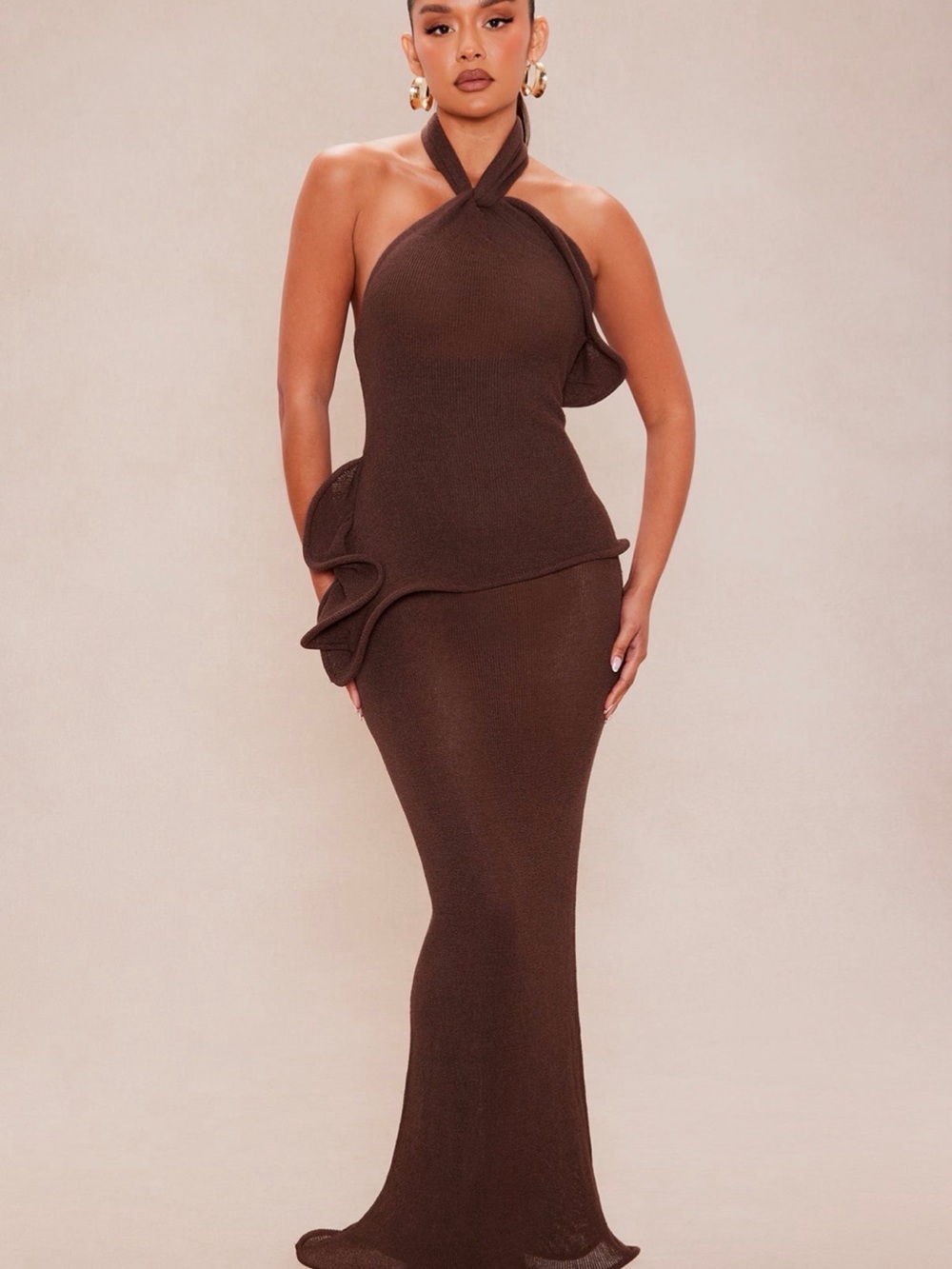 Fashion Nova Halter Chocolate Brown Peplum Gown